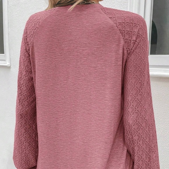 Rose Pink Contrast Lace Raglan Sleeve Plicate Round Neck Top - Picture 5 of 13